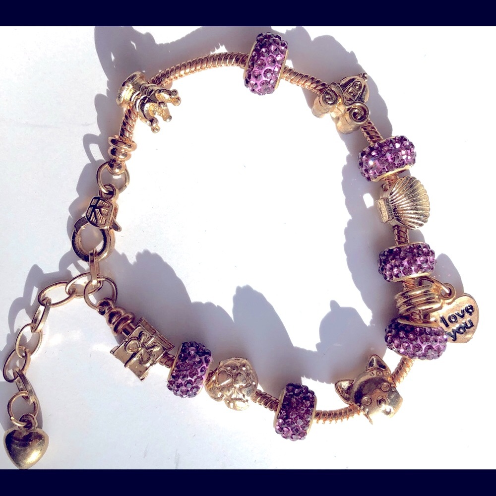 18k plated  Charm Bracelet gold tone/amethyst beads Swarovski crystals 8”+2” ext